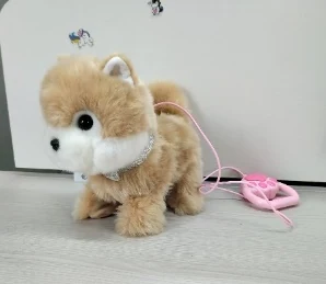 Sitting tan puppy with removable leash